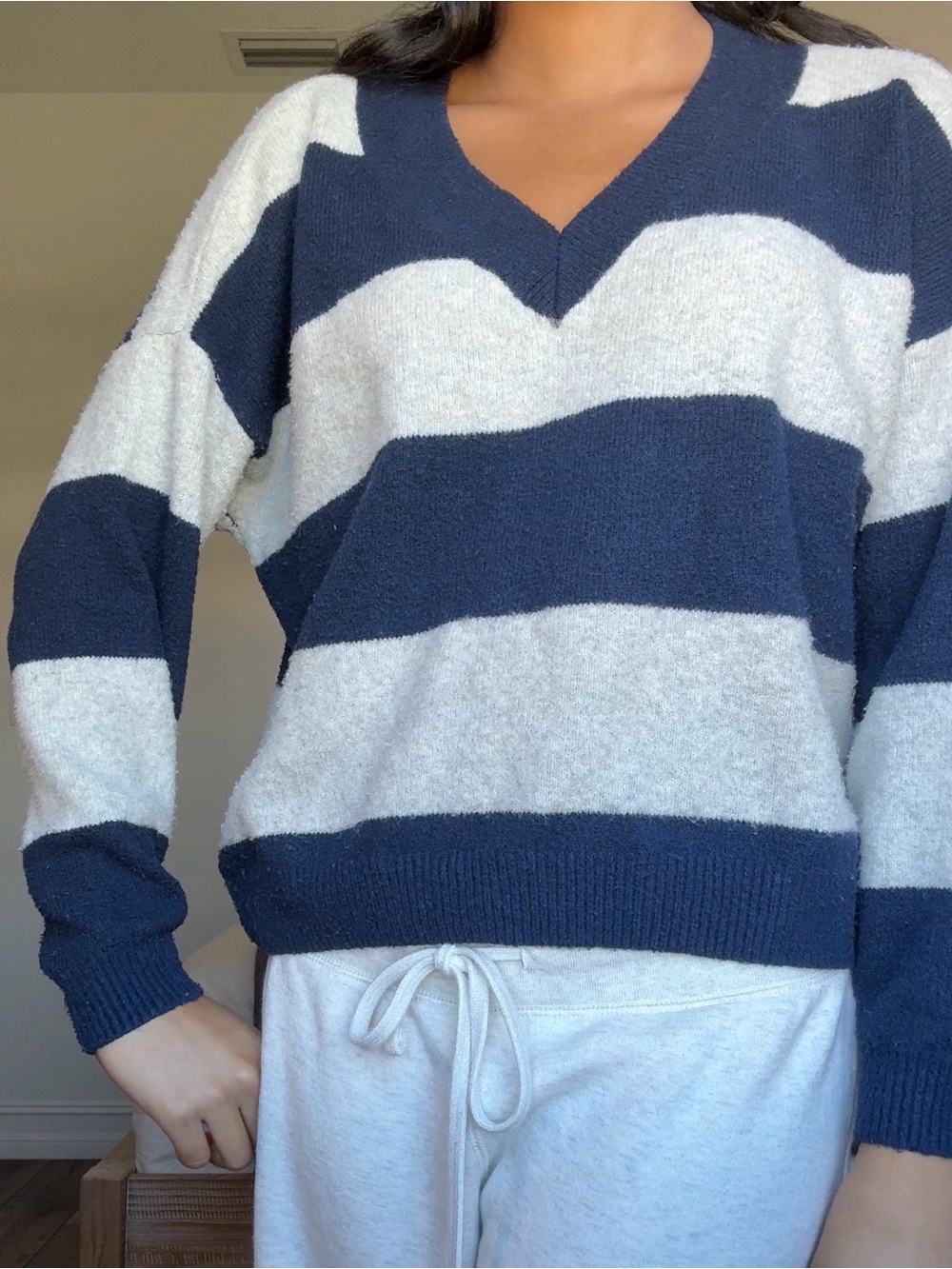 Hollister Navy and Cream Striped V-Neck Sweater